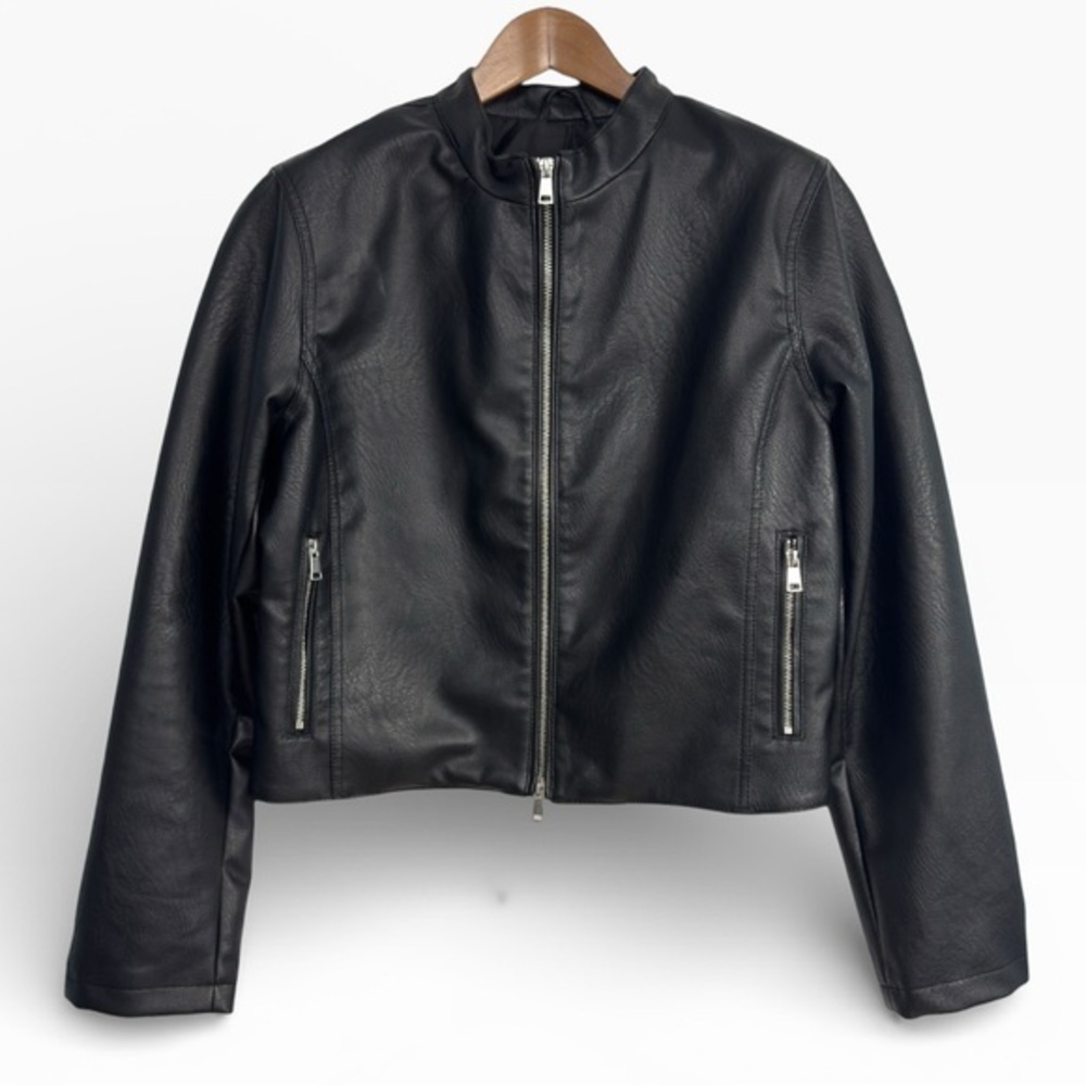 Urban Outfitters Faux Leather Moto Jacket Black Zip Front Size Large